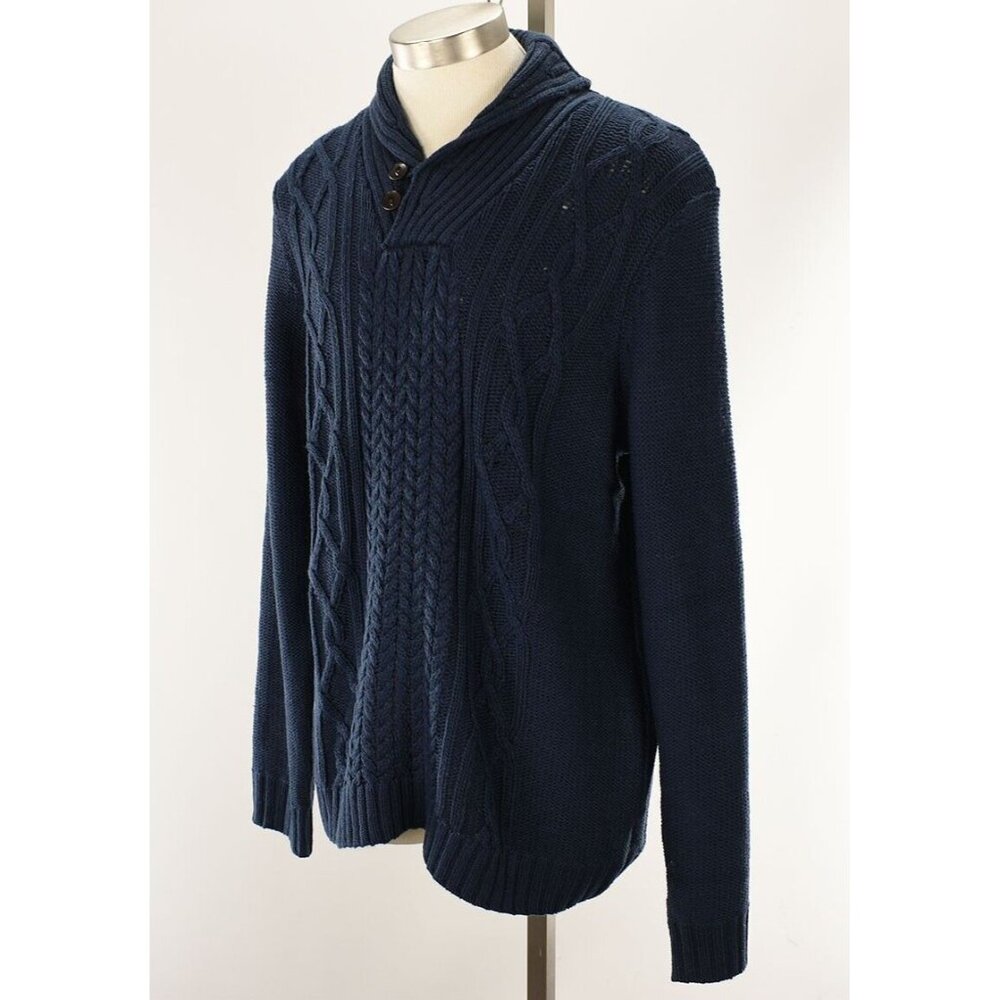 FRYE Mens True Navy Button Shawl Collar Cableknit Sweater LARGE NWT